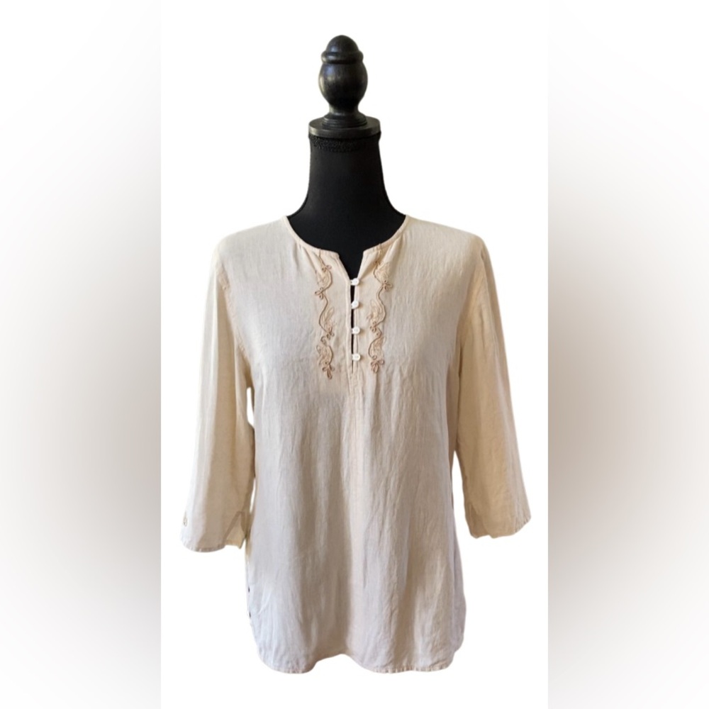 Amanda Smith: Ivory Cream Linen Boho Tunic Shirt with Embroidery